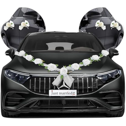 Nueva Vida Wedding Car Decoration, Silk Flowers for Your Wedding Car - 2 x 180 cm Garland for the Bonnet, Including 4 Door Handle Ribbons