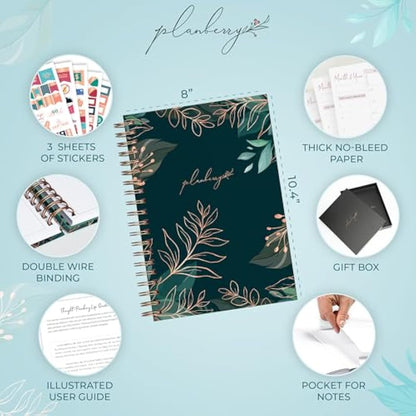 PLANBERRY Large Hourly Schedule Planner Premium – Undated Organizer for Productivity, Time Management & Budget, 20x27cm (Green Pastures)