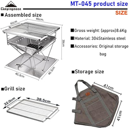 Campingmoon BBQ Grill Fire Pit Foldable Stainless Steel - Large MT-045