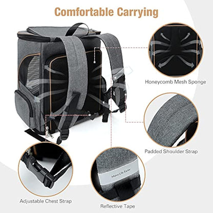 Lekesky Expandable Cat Carrier Backpack - Portable Breathable Rucksack for Medium and Small Cats & Dogs, Foldable with Inner Escape-proof Leash and Pet Mat, Supports 15 lbs (Grey)