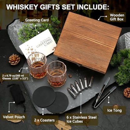 Sovyime Whisky Gift Set - Whiskey Glasses Set of 2, Whisky Glass & 6 Stainless Steel Whiskey Stones&Wooden Box, Whiskey Gift Sets for Men, Birthday Gifts for Men Dad Father Husband Brother Groomsmen
