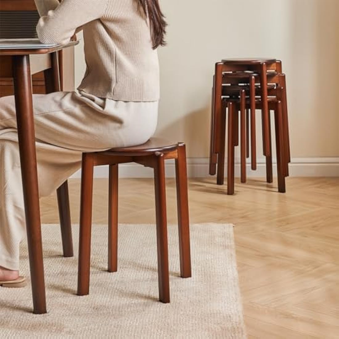 YMYNY Solid Wood Round Stools (Set of 4) | Stackable Vanity Stool