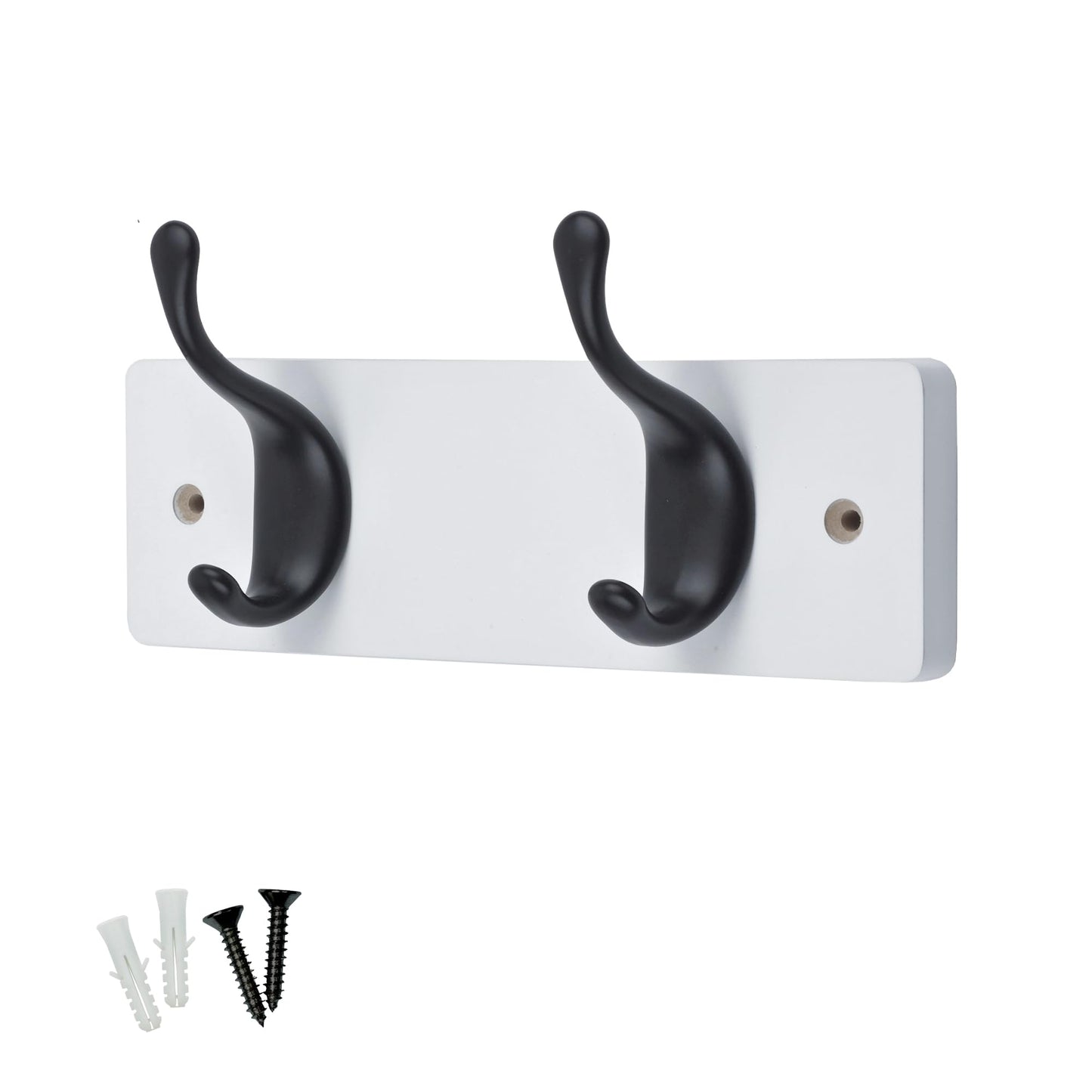keypak 2 Matte Black Coat Hooks on White Wooden 22.5cm Board 3.4kg Per Hook