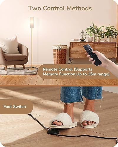 EDISHINE Floor Lamp, Standing Lamp with Wrinkled Linen Lampshade, Floor Lamps for Living Room, Bedroom, 165cm, E27 Socket(9W LED Dimmable Bulb Included), Magnetic Remote Control, Gold