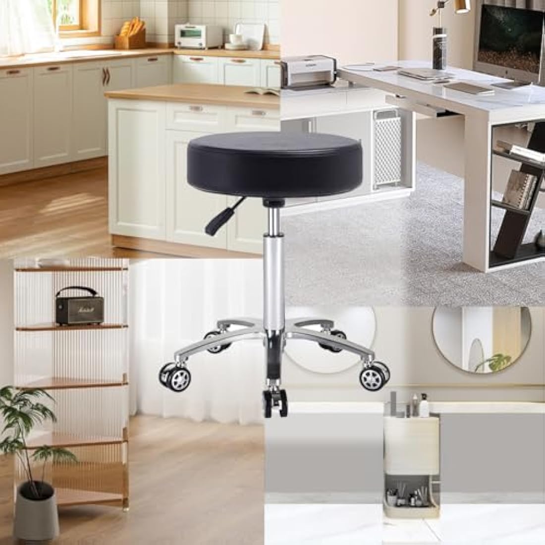 Antlu Massage Stool Chair on Wheels for Beauty Kitchen Salon Home Office, Adjustable High Rolling Swivel Stool (Black)