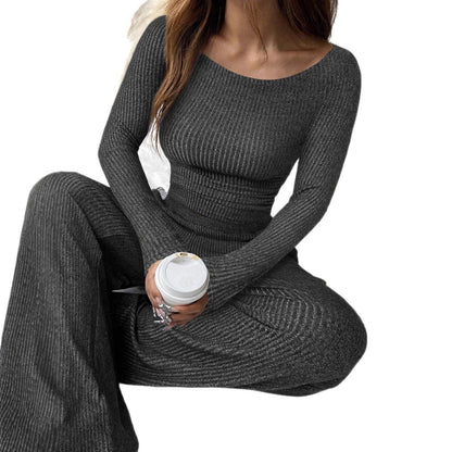 Women's Solid Color Rest Long Sleeve Boat Neck Top Wide Leg Pants Suit