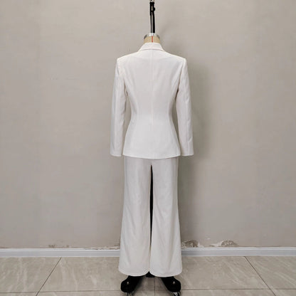 Metal Decorative Strip Embellished Design Trousers Slim Fit Long-sleeve Suit