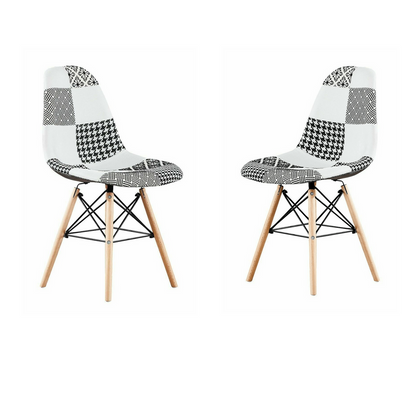 Black/White Patchwork Modern Dining Chair with Wooden Legs & Black Metal Wire Frame