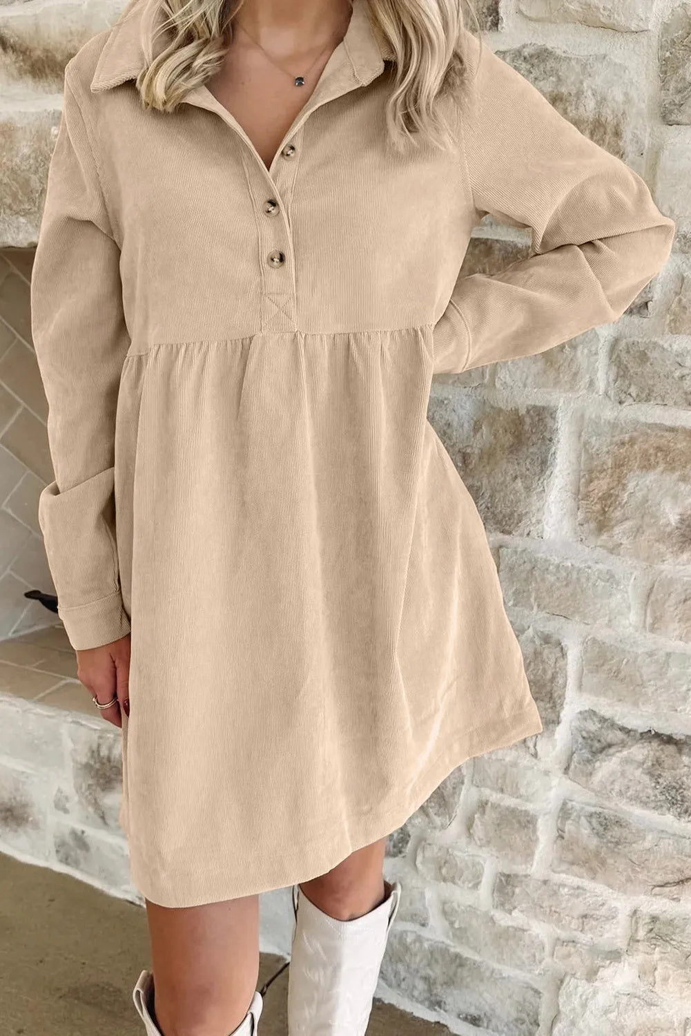 Oatmeal Corduroy Half Button Collared Long Sleeve Mini Dress