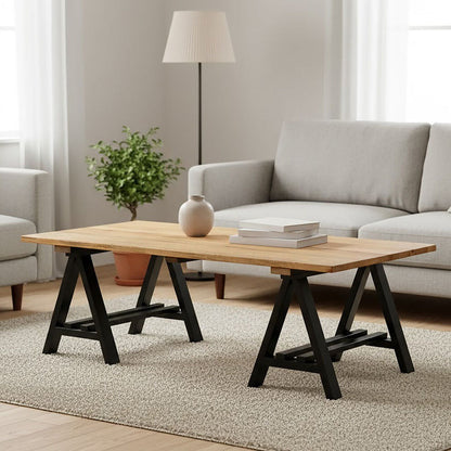Natural Rectangular Pine Wood Coffee Table with Black Metal A-Frame Legs | Hampstead