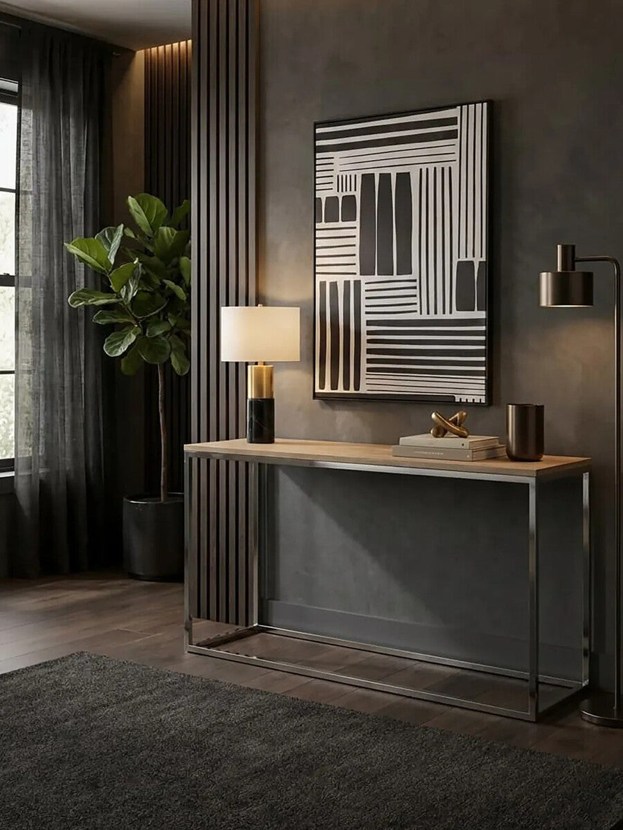 Natural Oak Wood Top Console Table with Stainless Steel Frame | Hampstead