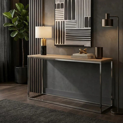 Natural Oak Wood Top Console Table with Stainless Steel Frame | Hampstead