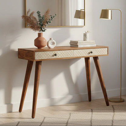 Natural Acacia Wood Console Table with Silver Metal Drawer Fronts | Boho