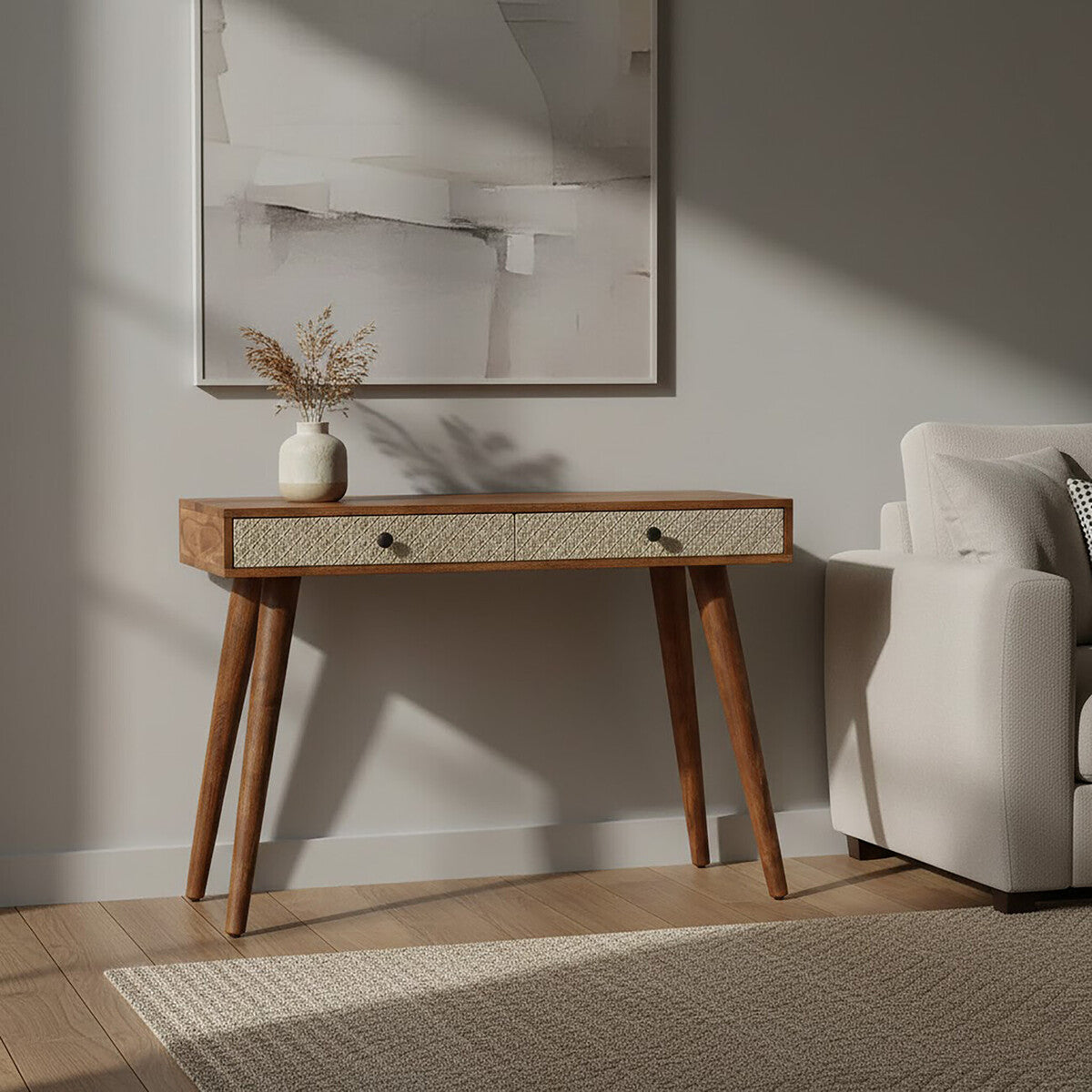 Natural Acacia Wood Console Table with Silver Metal Drawer Fronts | Boho