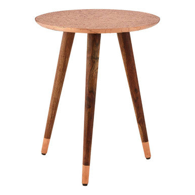 Gold Copper Finish Metal Top Side Table with Natural Wooden Legs | Boho