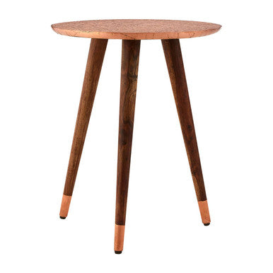 Gold Copper Finish Metal Top Side Table with Natural Wooden Legs | Boho