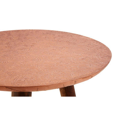Gold Copper Finish Metal Top Side Table with Natural Wooden Legs | Boho