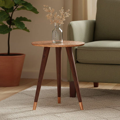 Gold Copper Finish Metal Top Side Table with Natural Wooden Legs | Boho