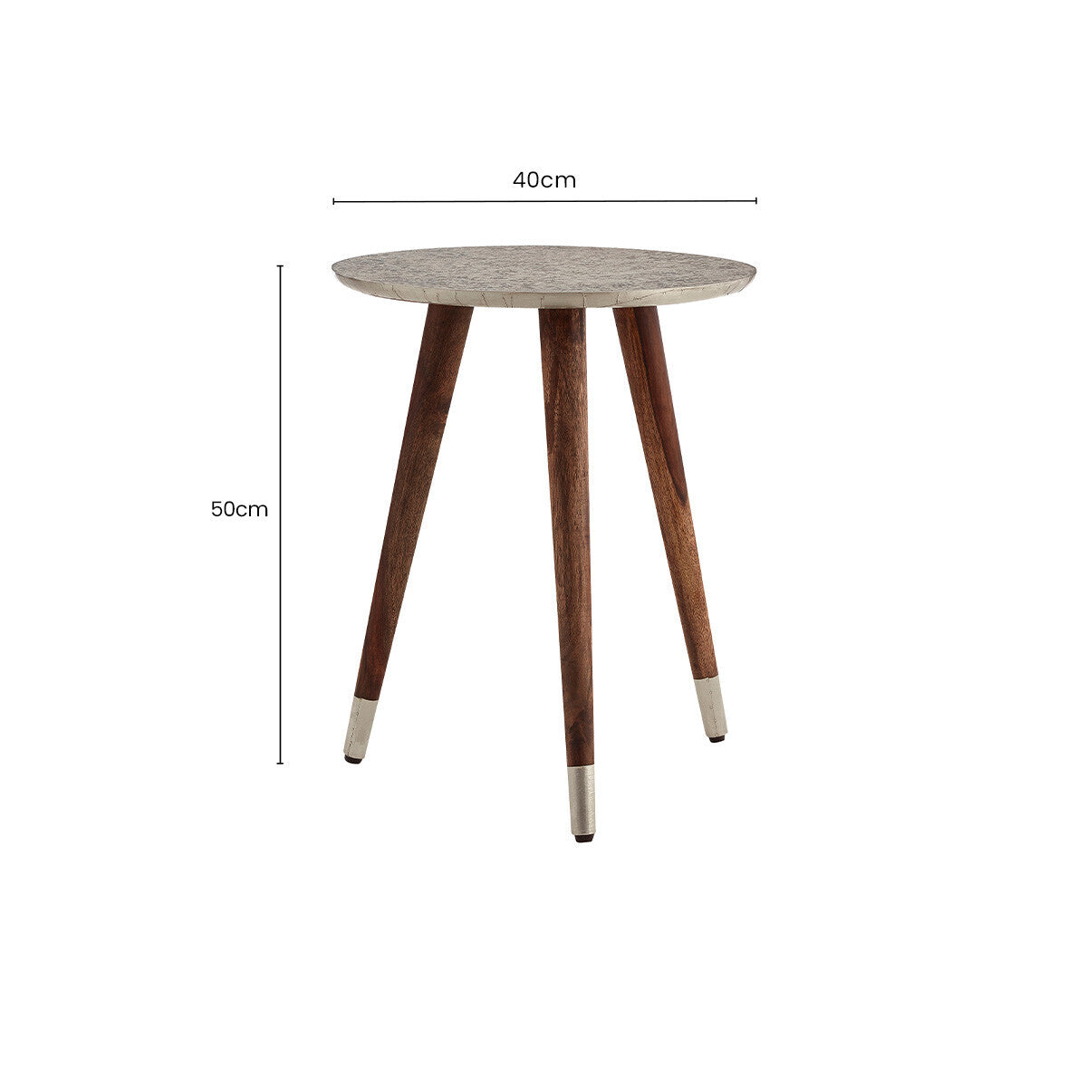 White Embossed Metal Top Side Table with Natural Tripod Wood Base | Boho