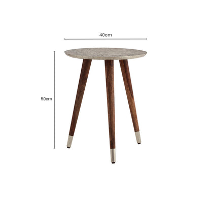 White Embossed Metal Top Side Table with Natural Tripod Wood Base | Boho