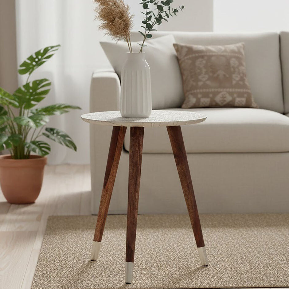 White Embossed Metal Top Side Table with Natural Tripod Wood Base | Boho