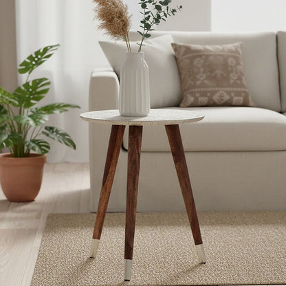 White Embossed Metal Top Side Table with Natural Tripod Wood Base | Boho