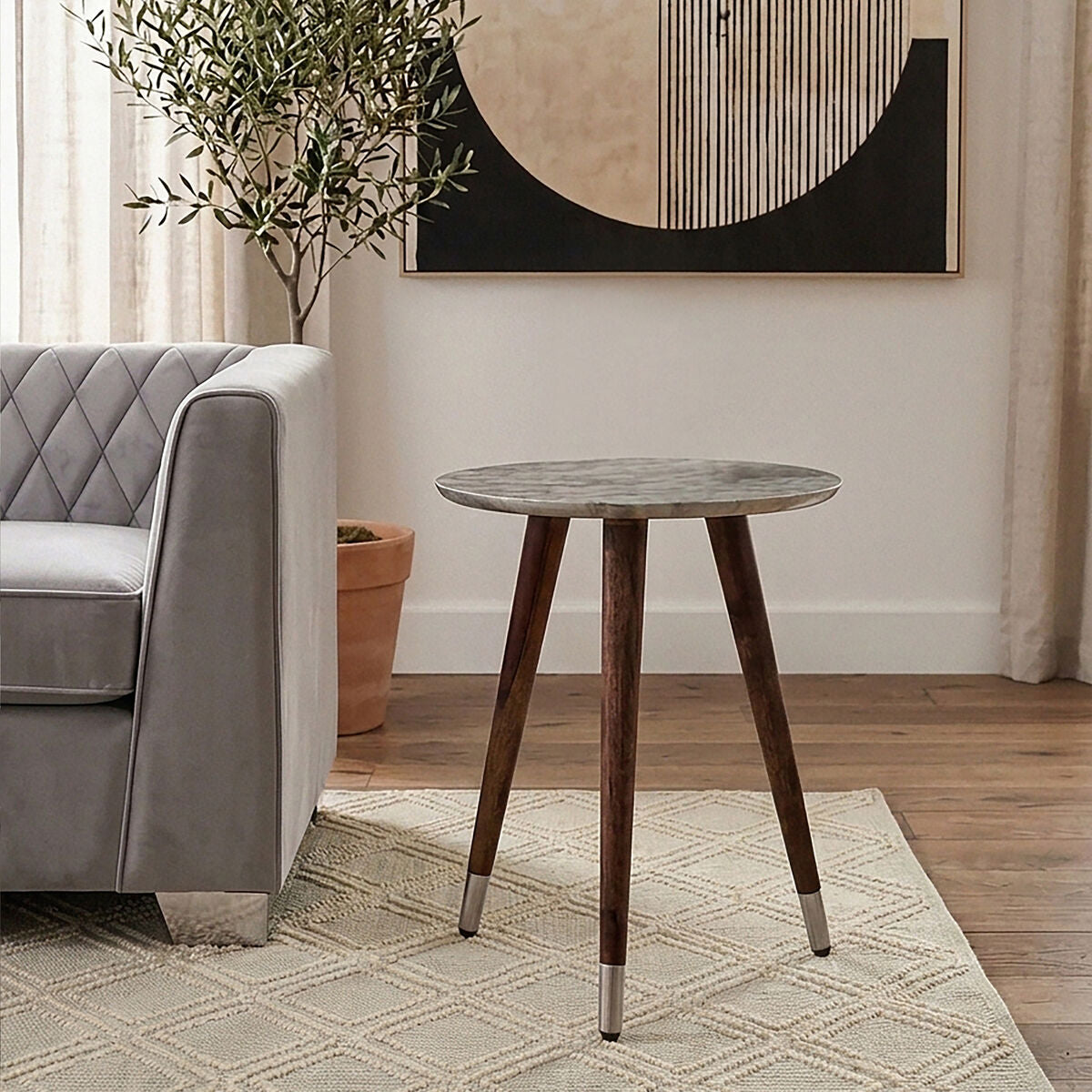 White Embossed Metal Top Side Table with Natural Tripod Wood Base | Boho