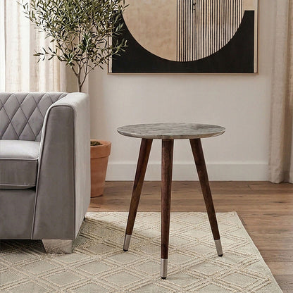 White Embossed Metal Top Side Table with Natural Tripod Wood Base | Boho