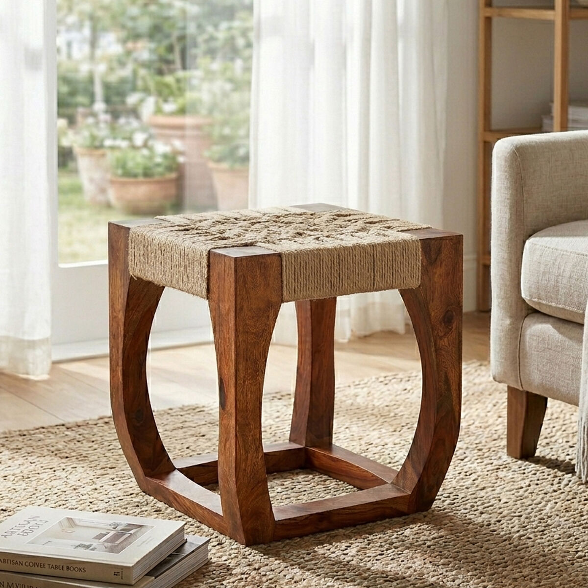 Boho Sheesham Wood And Jute Boho Stool