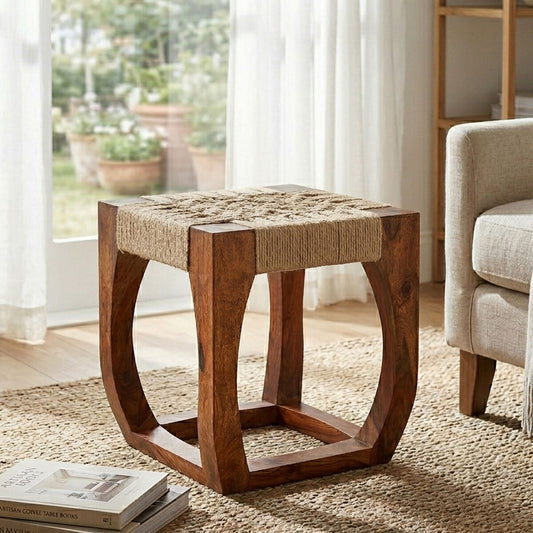 Boho Sheesham Wood And Jute Boho Stool