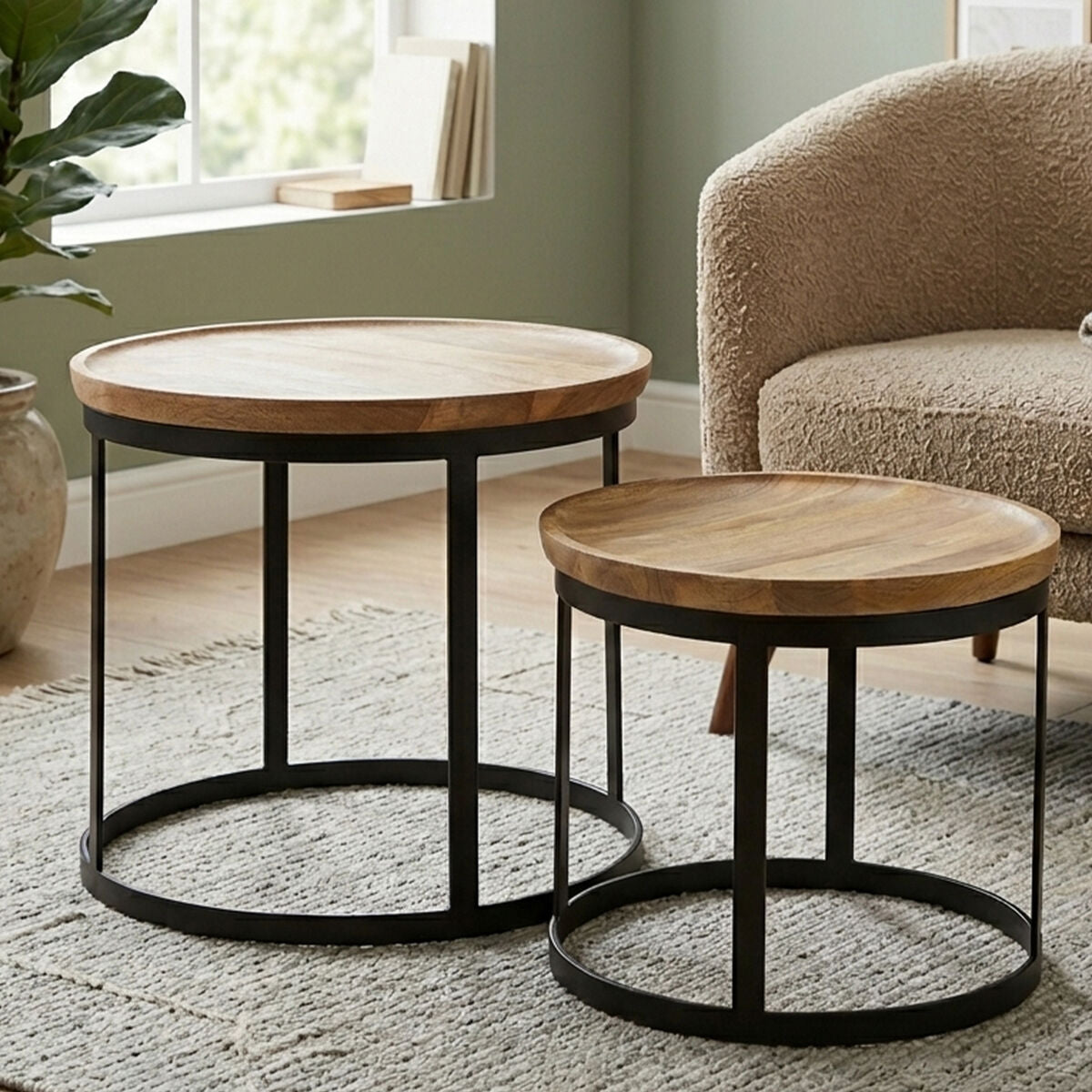 Set of 2 Natural Mango Wood Top Nesting Tables with Black Open Cage Metal Frame | Boho