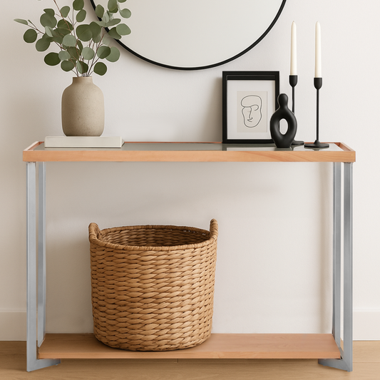 Mirrored Top Console Table with Open Storage Shelf and Silver Metal Frame | Kensington Townhouse