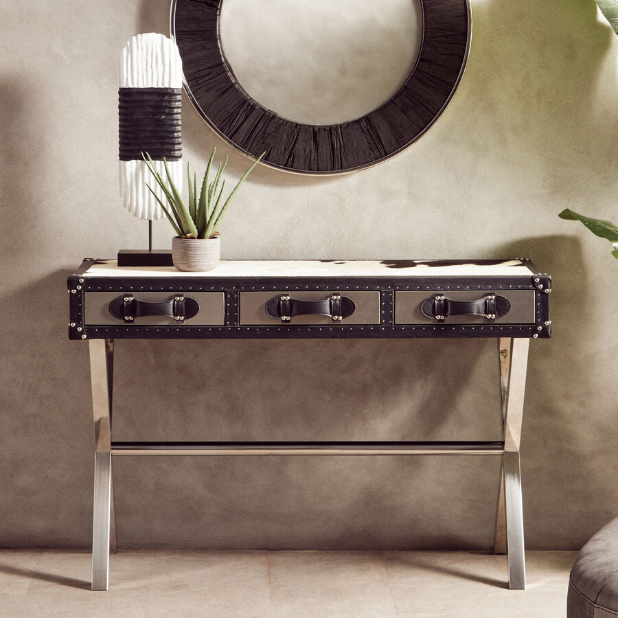 Black and White Cowhide Console Table with 3 Drawers and Leather Trim | Kensington Townhouse