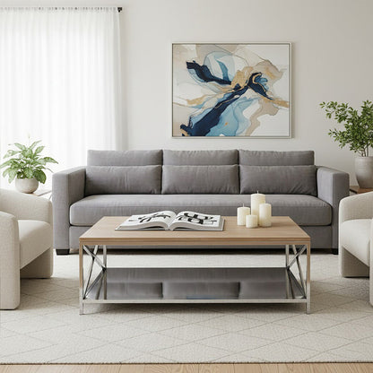 Natural Oak Wood Coffee Table with Silver Mirrored Lower Shelf | Chiswick