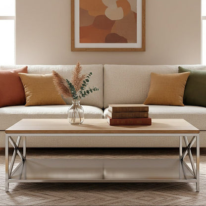 Natural Oak Wood Coffee Table with Silver Mirrored Lower Shelf | Chiswick