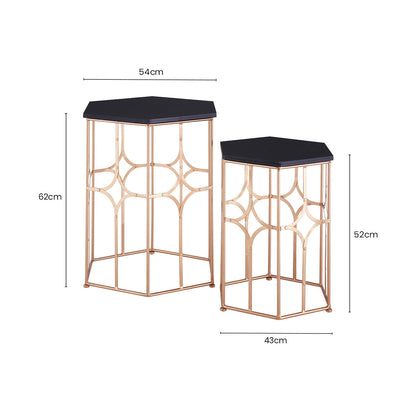 Set of 2 Black Hexagon Top Nesting Side Tables with Rose Gold Metal Frames | Lexa
