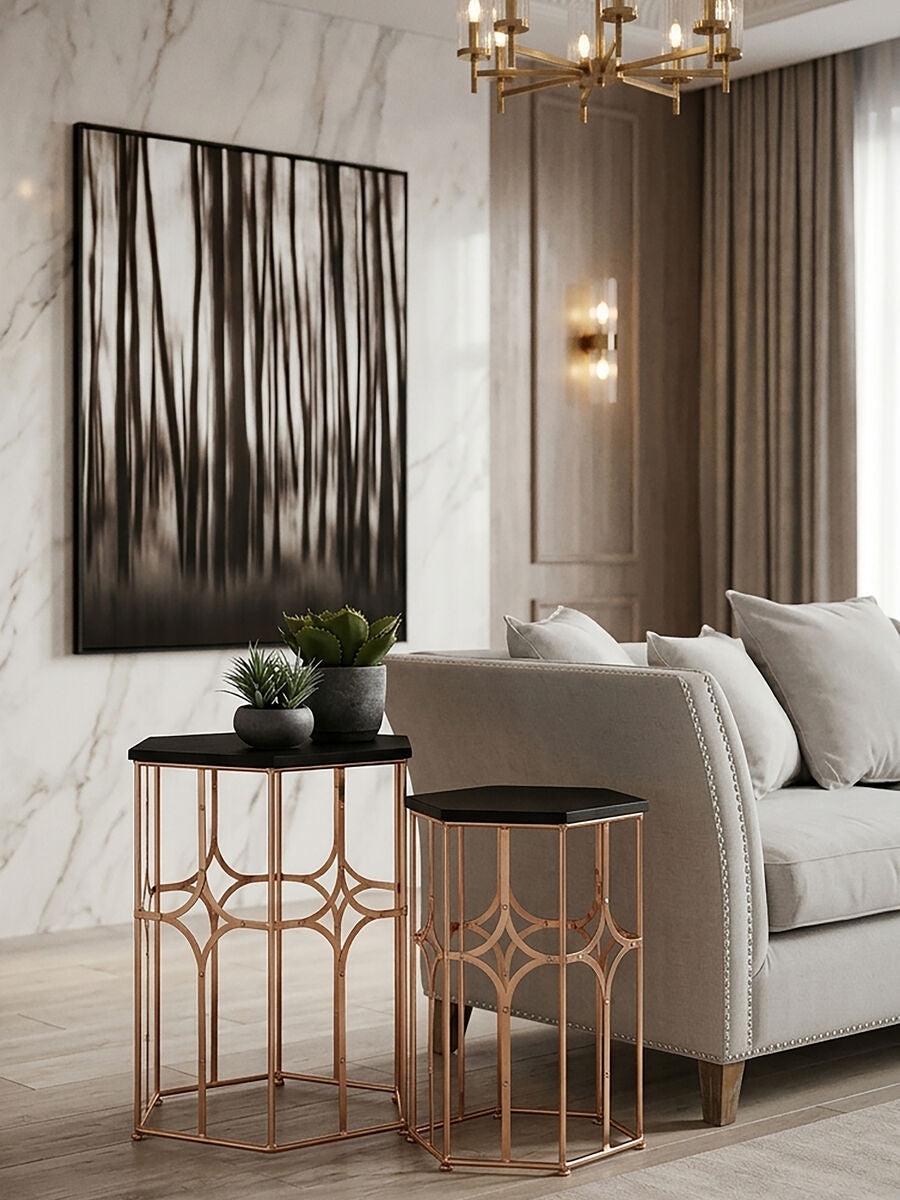 Set of 2 Black Hexagon Top Nesting Side Tables with Rose Gold Metal Frames | Lexa