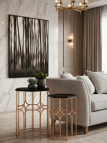 Set of 2 Black Hexagon Top Nesting Side Tables with Rose Gold Metal Frames | Lexa