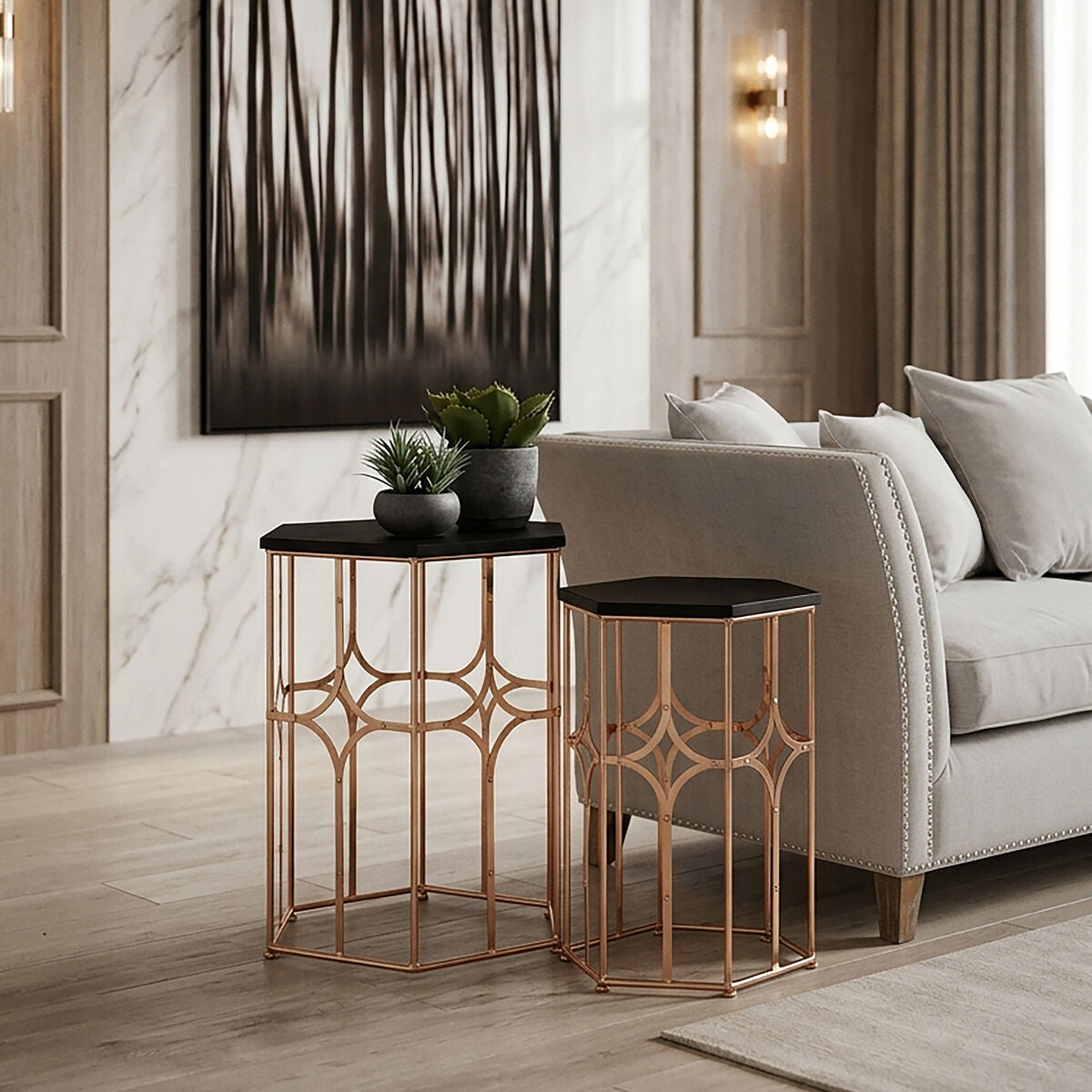 Set of 2 Black Hexagon Top Nesting Side Tables with Rose Gold Metal Frames | Lexa