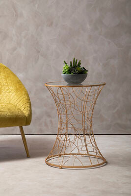 Concave Glass Top Round Table with Rose Gold Hourglass Frame | Lexa