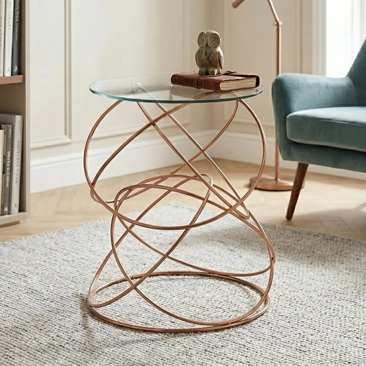 Rose Gold Round Table with Tempered Glass Surface and Geometric Detailing | Lexa