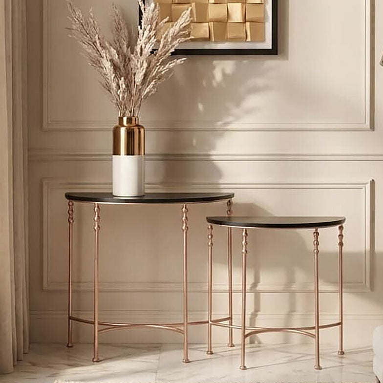 Set of 2 Matte Black MDF Tops Half Round Console Tables with Rose Gold Metal Legs | Lexa