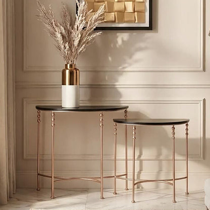 Set of 2 Matte Black MDF Tops Half Round Console Tables with Rose Gold Metal Legs | Lexa