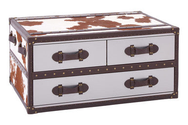 Brown and White Genuine Cowhide Coffee Table with 3 Drawers and Leather Handles | Kensington Townhouse