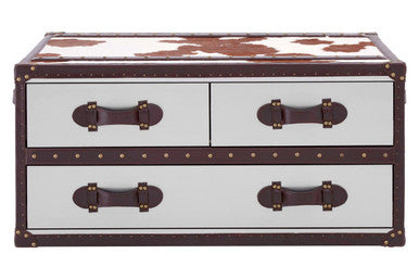 Brown and White Genuine Cowhide Coffee Table with 3 Drawers and Leather Handles | Kensington Townhouse