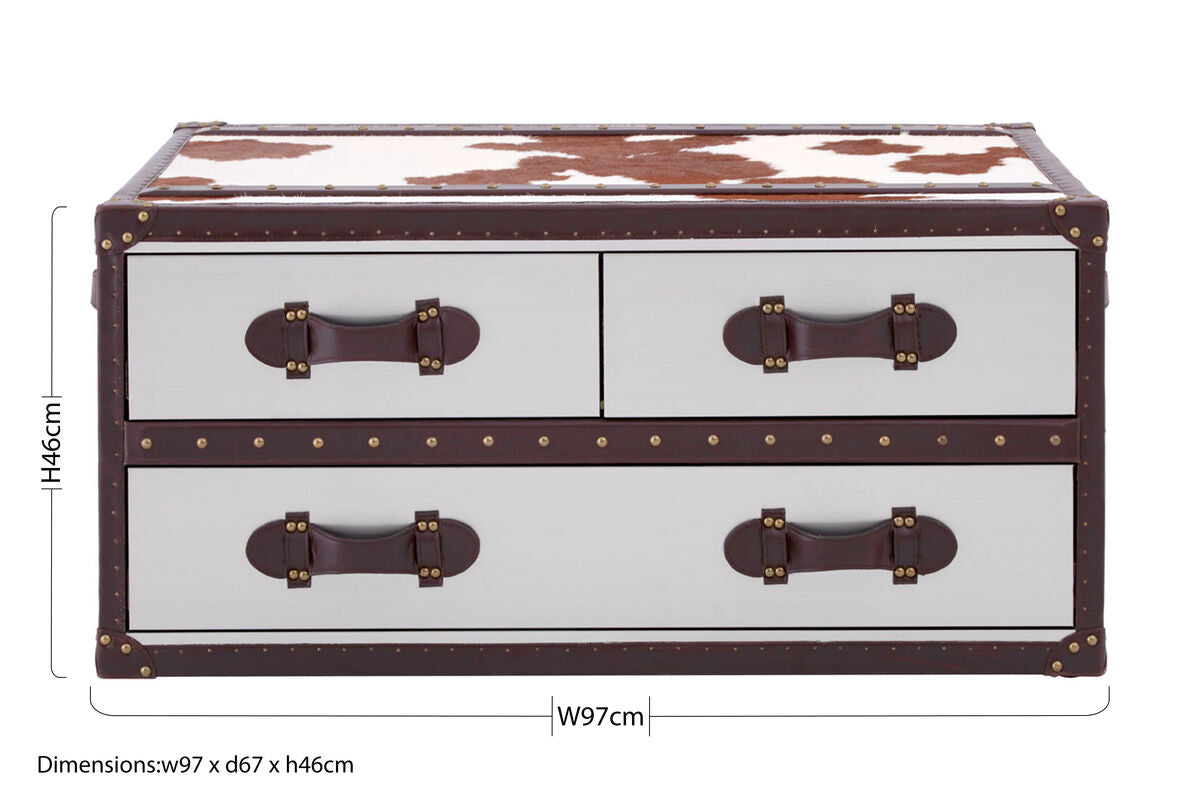 Brown and White Genuine Cowhide Coffee Table with 3 Drawers and Leather Handles | Kensington Townhouse