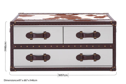 Brown and White Genuine Cowhide Coffee Table with 3 Drawers and Leather Handles | Kensington Townhouse