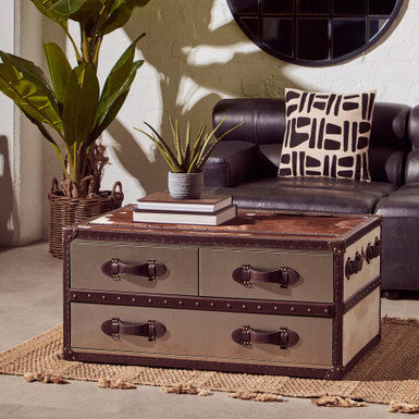 Brown and White Genuine Cowhide Coffee Table with 3 Drawers and Leather Handles | Kensington Townhouse