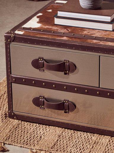 Brown and White Genuine Cowhide Coffee Table with 3 Drawers and Leather Handles | Kensington Townhouse