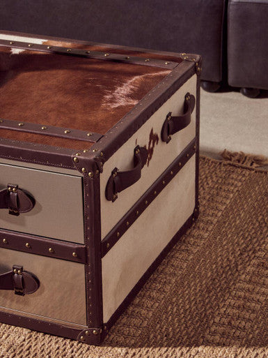 Brown and White Genuine Cowhide Coffee Table with 3 Drawers and Leather Handles | Kensington Townhouse